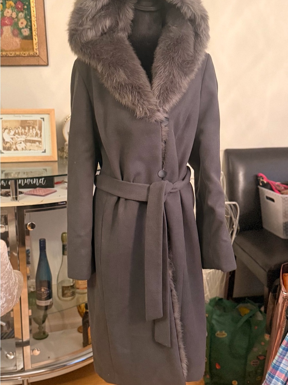 dennis basso Gray Faux-Fur Trim Belted Trench Coat
